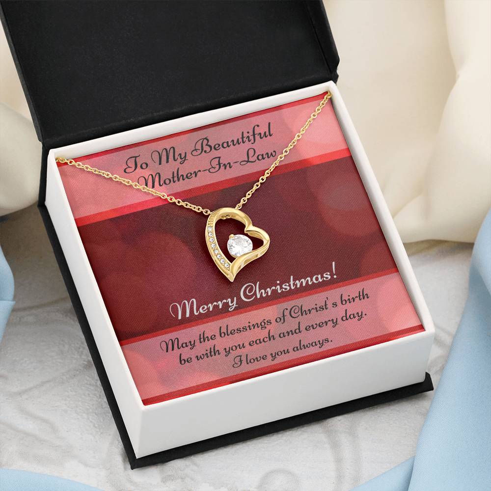 My Beautiful Mother-In-Law Christmas Card And Cubic Zirconia Heart Necklace and Gift Box