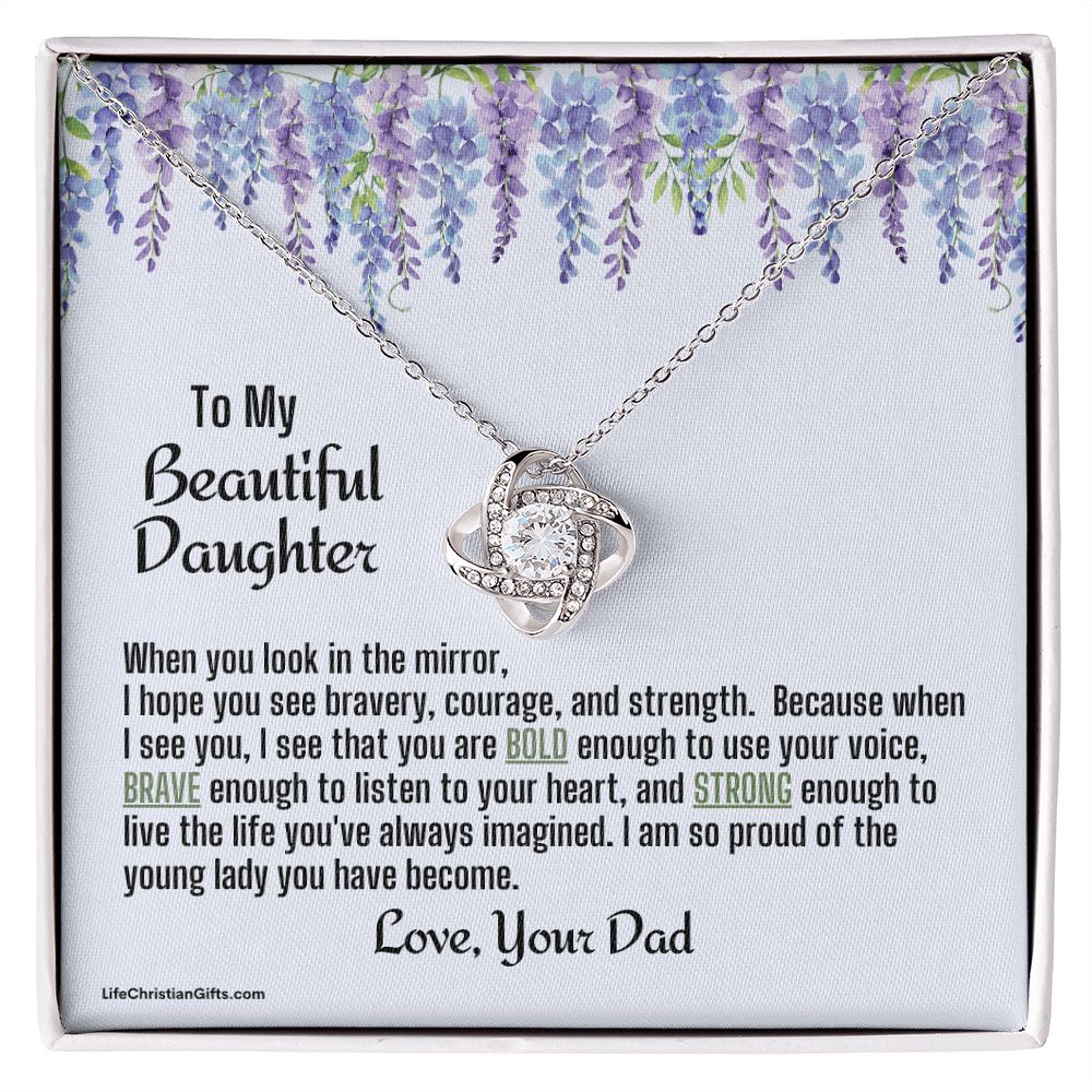 Daughter From Dad Love Knot Necklace | Look In The Mirror Message Card With Purple Flowers