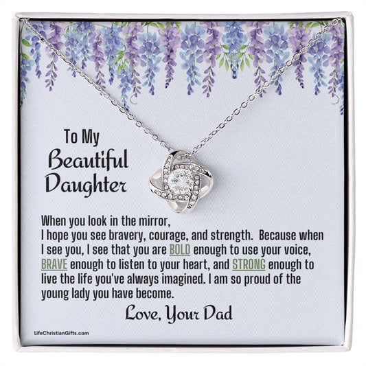 Daughter From Dad Love Knot Necklace | Look In The Mirror Message Card With Purple Flowers