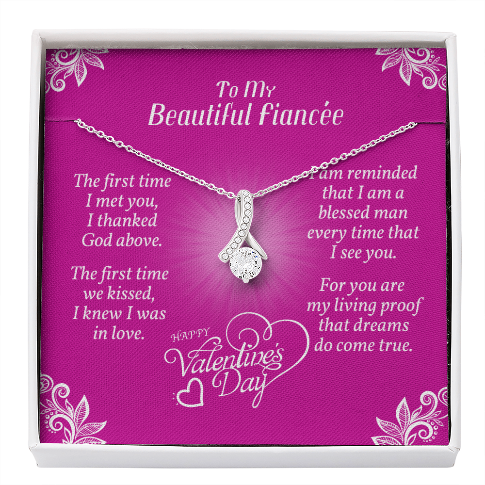 To My Fiancée - Ribbon Shaped Necklace With Valentine's First Time I Met You Message Card
