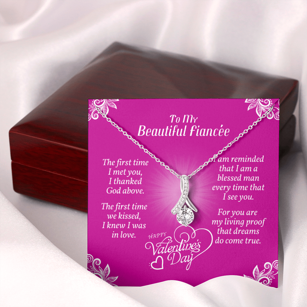 To My Fiancée - Ribbon Shaped Necklace With Valentine's First Time I Met You Message Card
