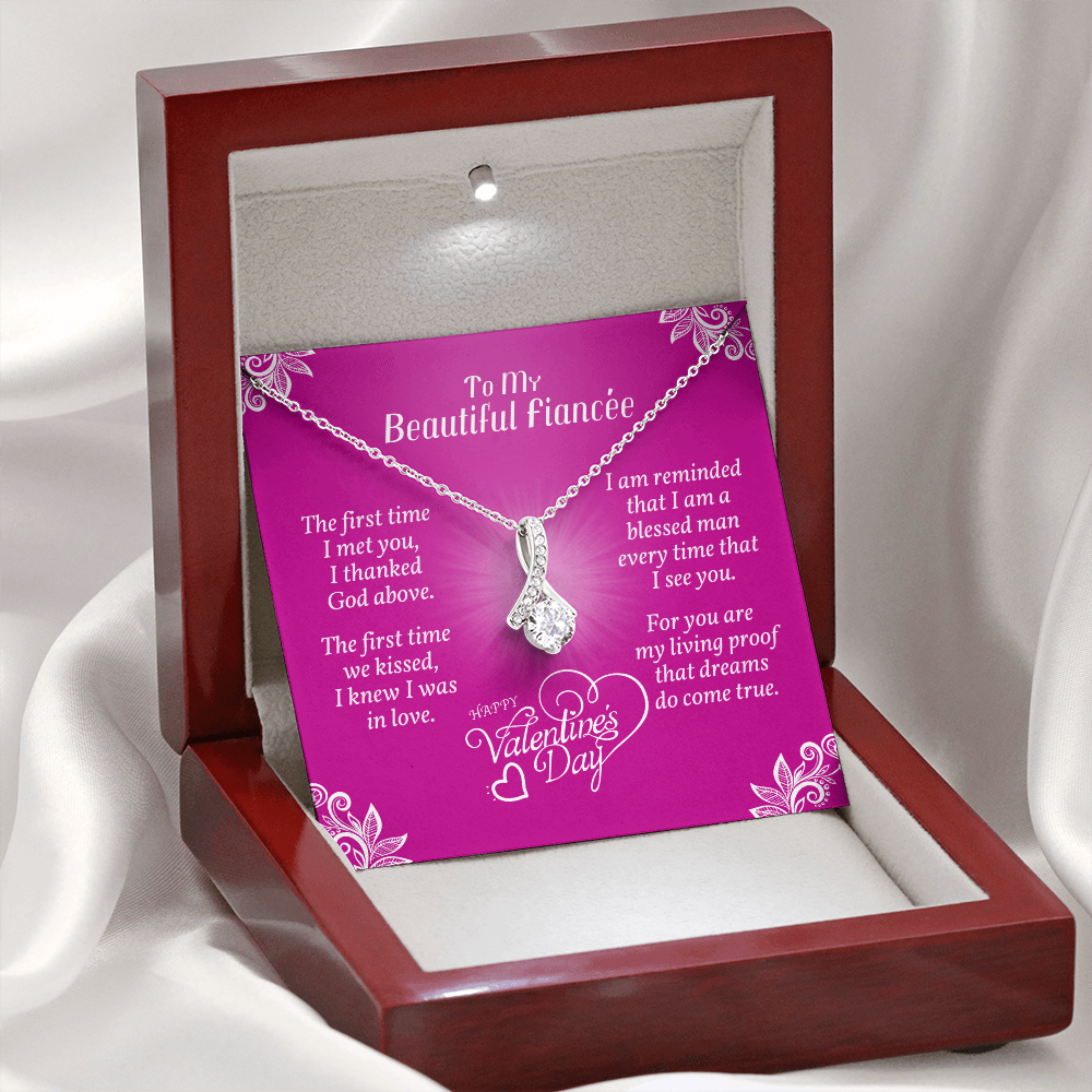 To My Fiancée - Ribbon Shaped Necklace With Valentine's First Time I Met You Message Card
