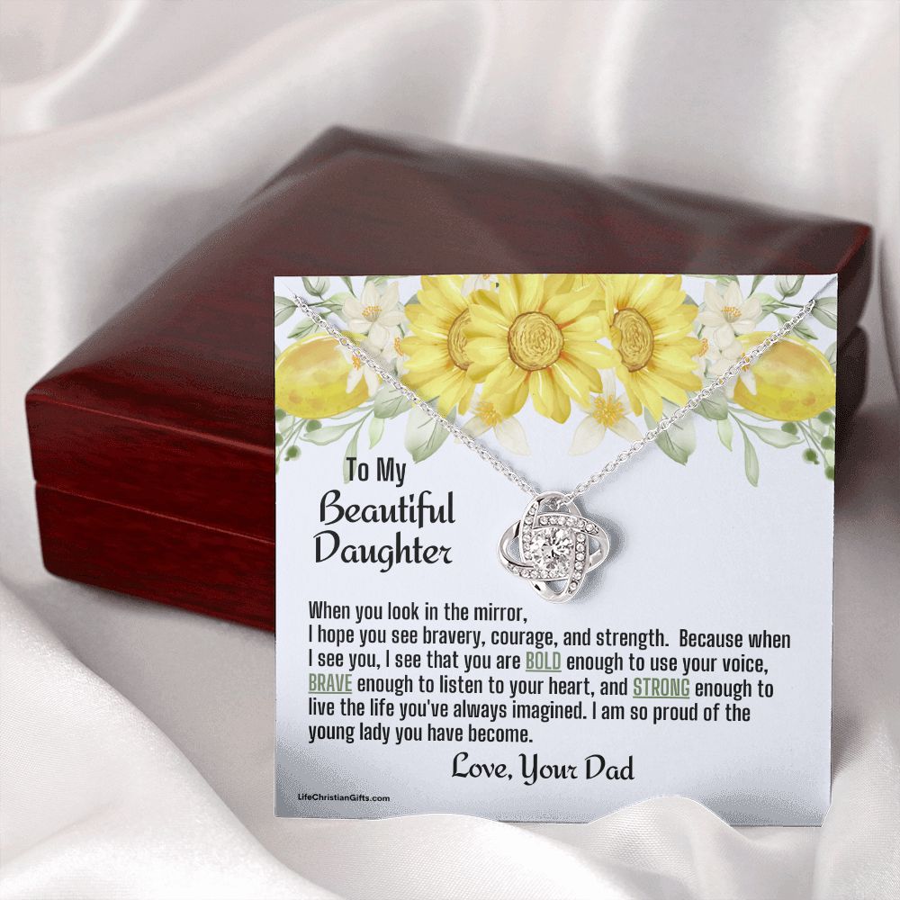 Daughter From Dad Love Knot Necklace | Look In The Mirror Message Card With Yellow Flowers