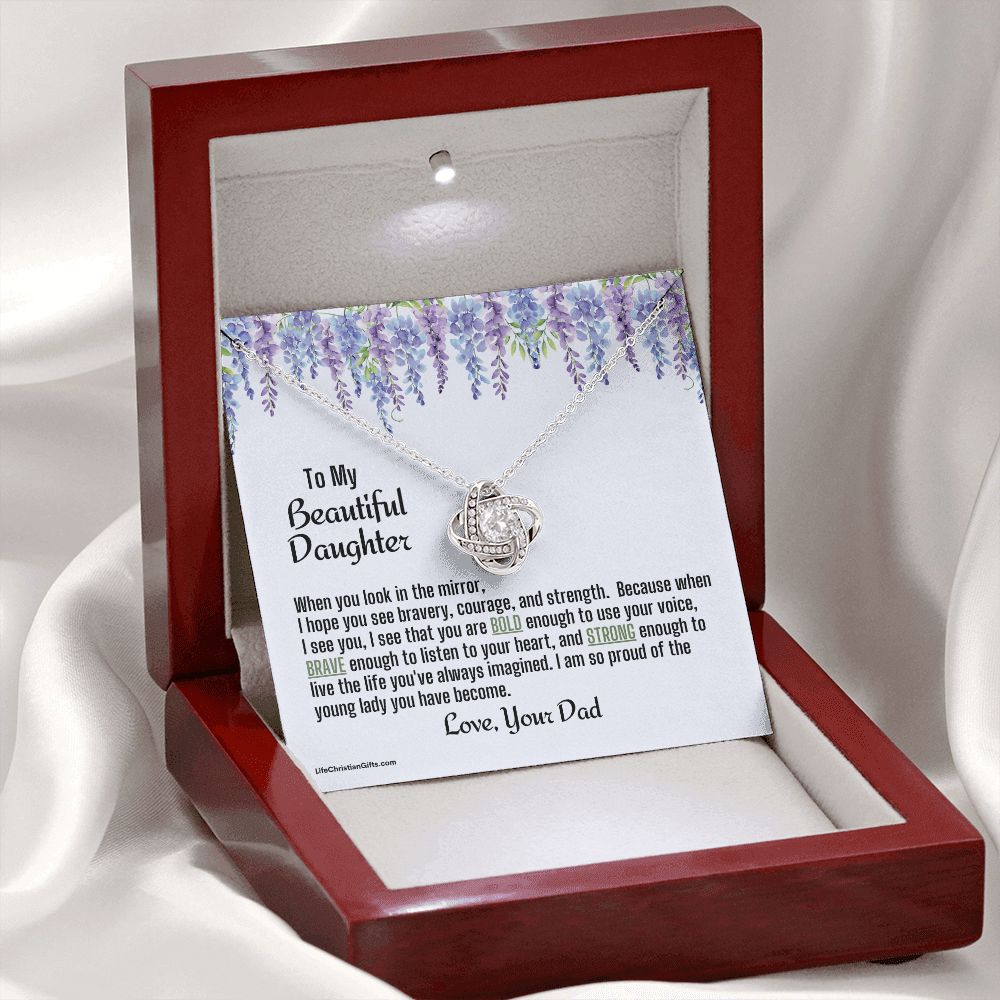 Daughter From Dad Love Knot Necklace | Look In The Mirror Message Card With Purple Flowers