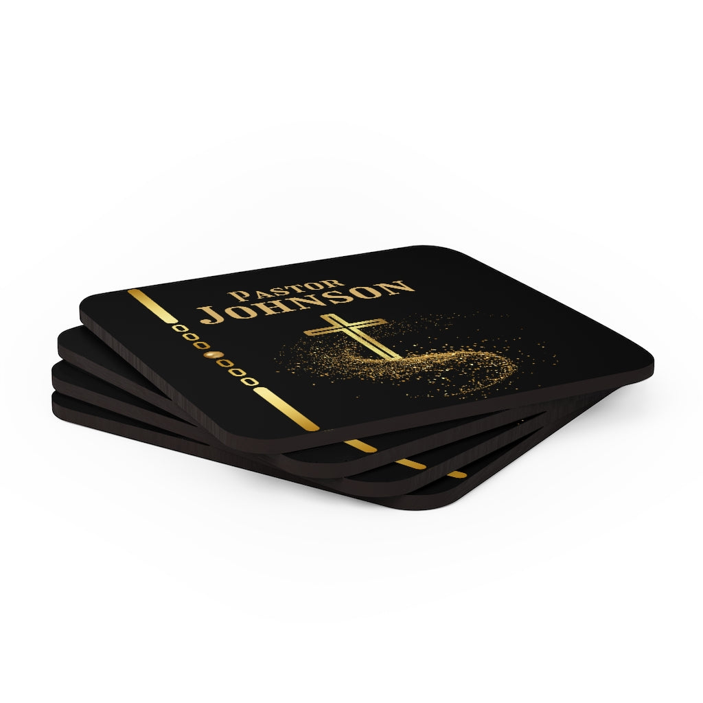 Personalized Pastor's Name Black and Gold Cross Corkwood Coaster Set