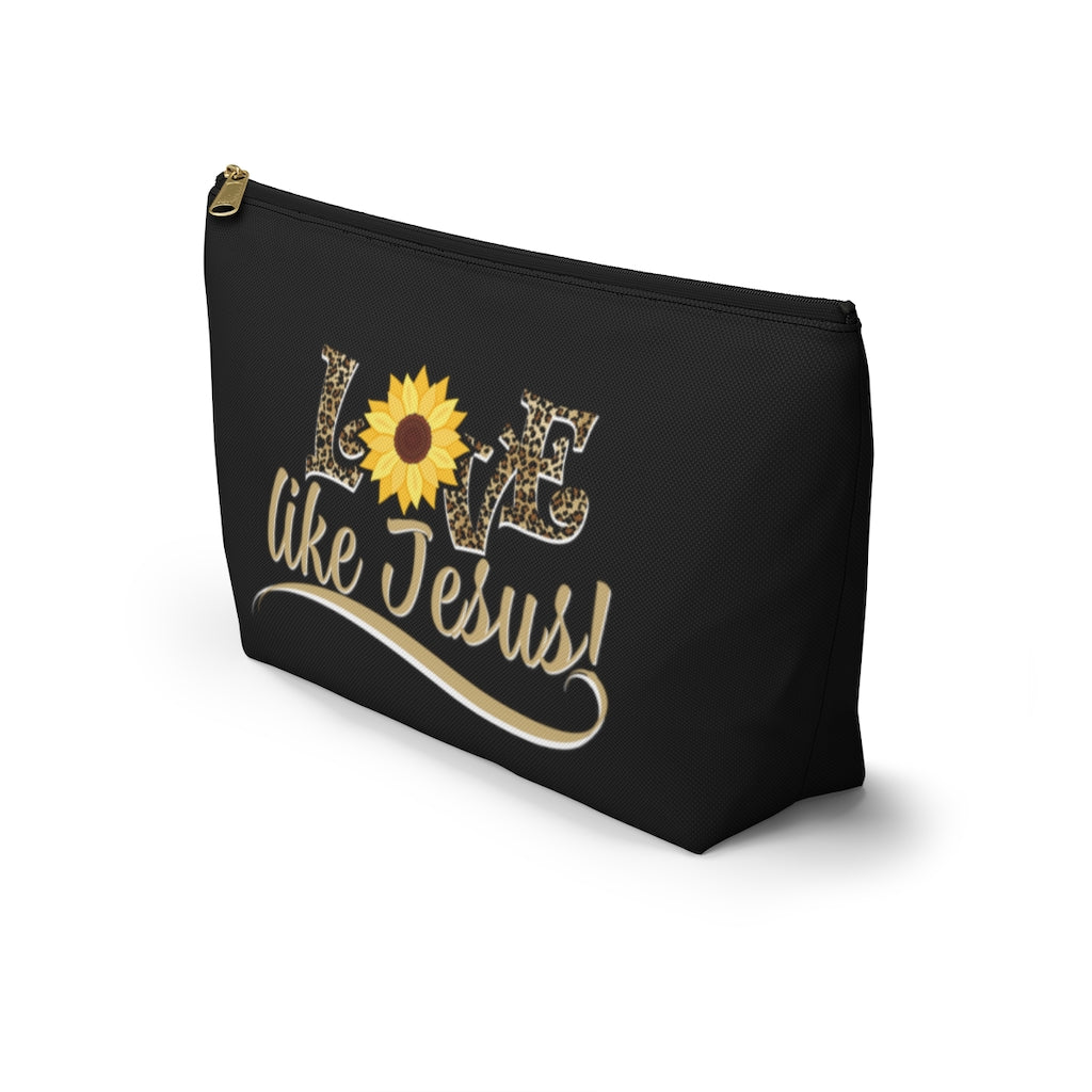 Love Like Jesus Leopard Print With Sunflower Cosmetic Zipper Pouch