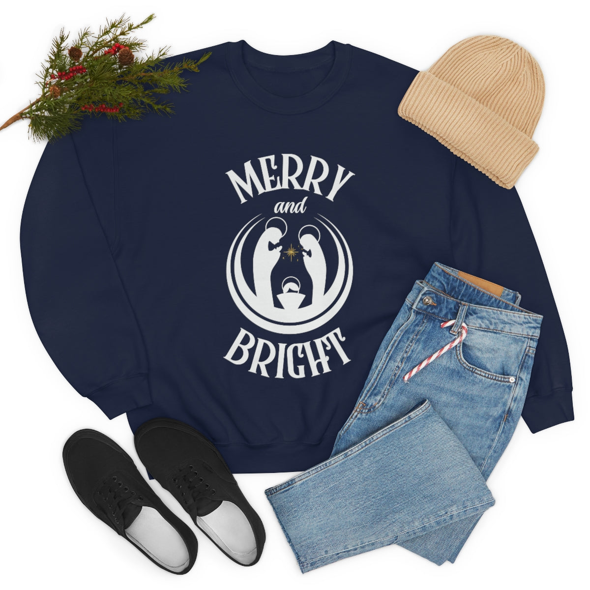 Merry and Bright Nativity Scene Christmas Sweatshirt For Women