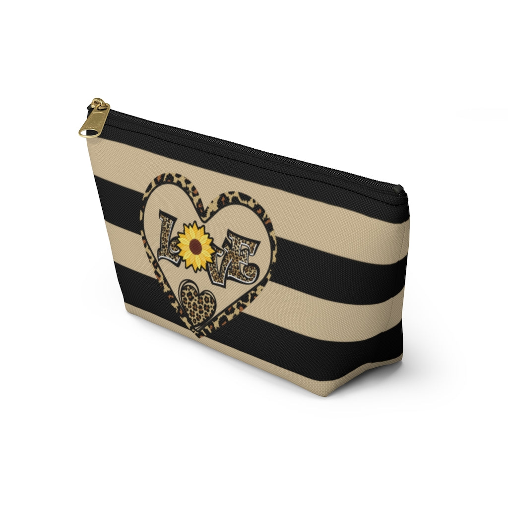 Love Leopard Print With Sunflower And Hearts Zipper Pouch | Cosmetic Accessory Bag