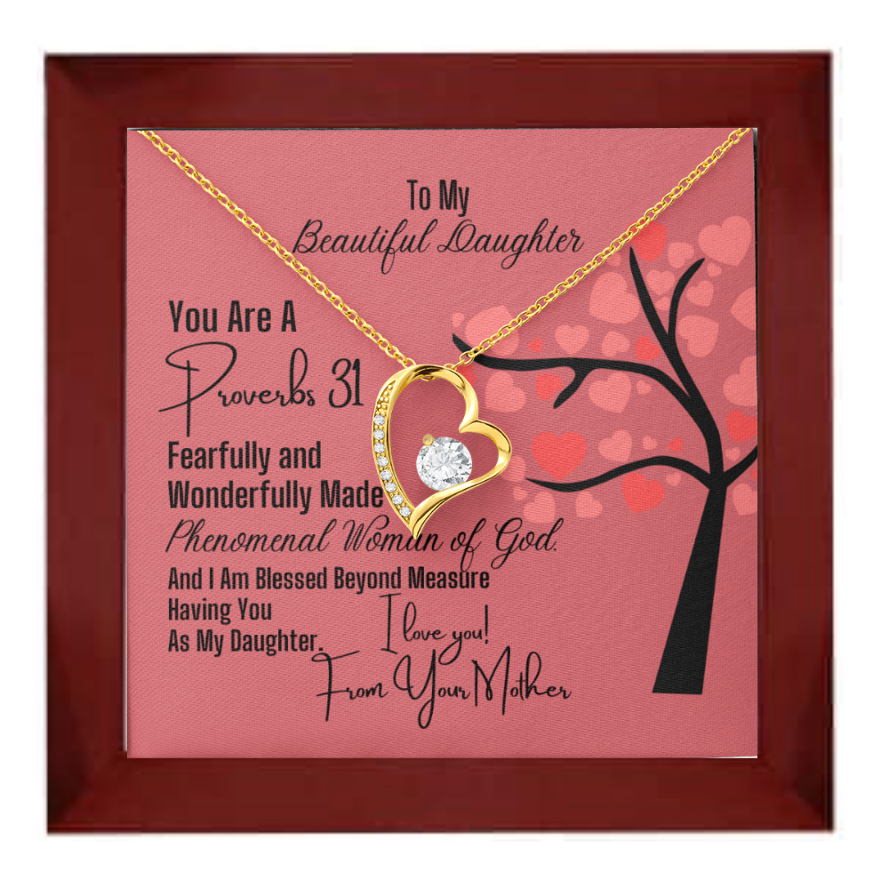 To Daughter From Mother - Heart Necklace and Proverbs 31 Message Card