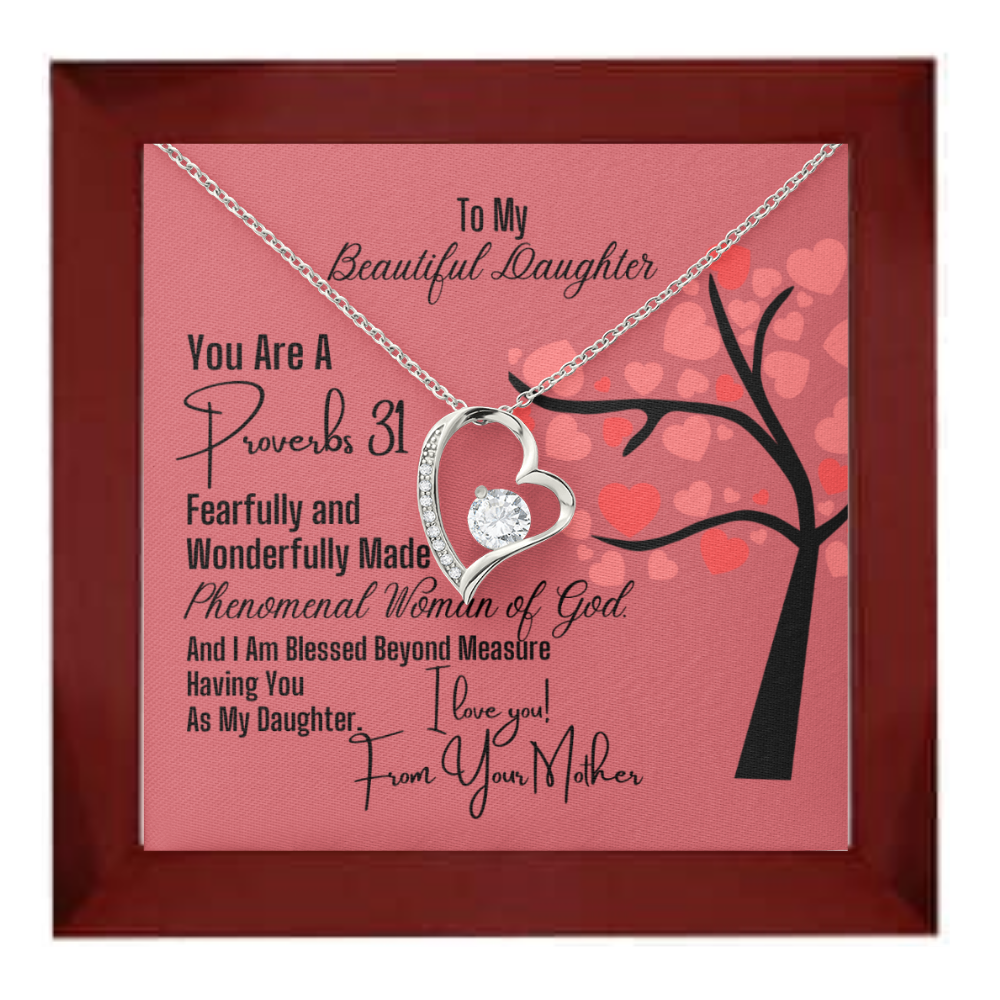 To Daughter From Mother - Heart Necklace and Proverbs 31 Message Card