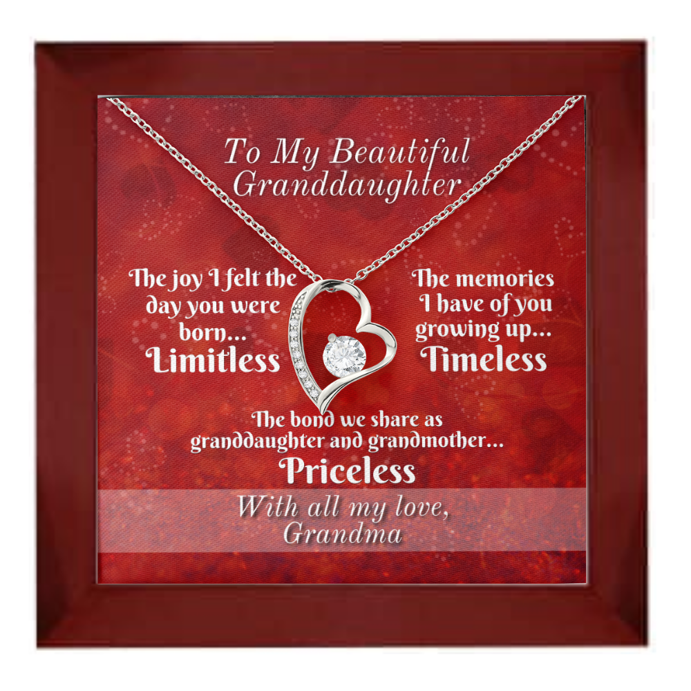 To Granddaughter From Grandmother - Heart Necklace - Limitless, Timeless, and Priceless Message Card