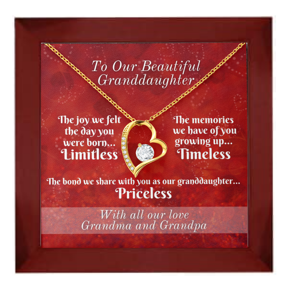 To Granddaughter From Grandparents - Heart Necklace and Limitless, Timeless, and Priceless Message Card