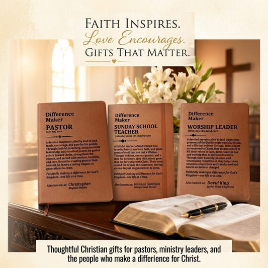 Three ministry leather journals customized with personalized name and ministry. The ministries shown are Pastor, Sunday School Teacher, and Worship Leader. Each journal is propped up on a desk in front of an open Bible.