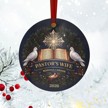 Pastor and Pastor's Wife Personalized Ornament With Christian Christmas Elements