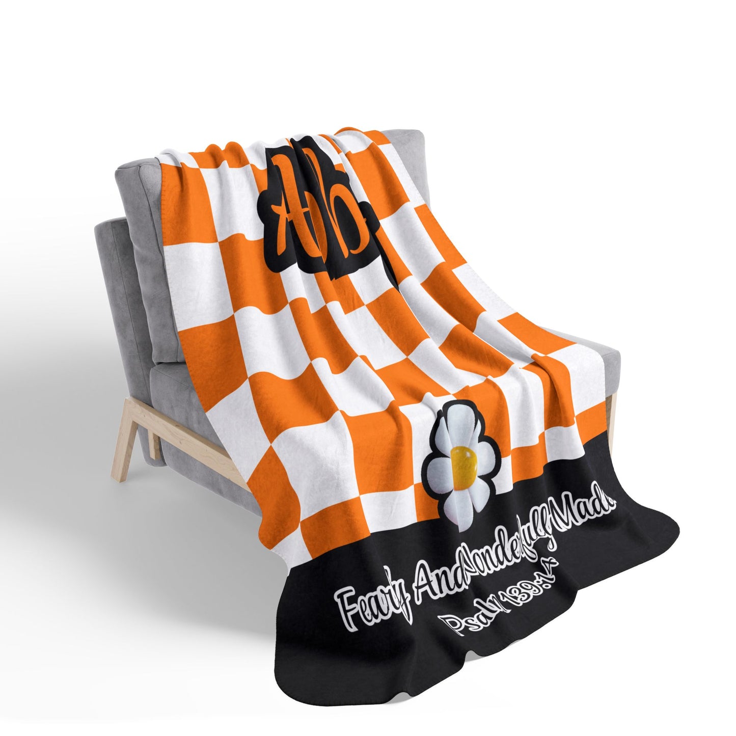 Personalized Wonderfully Made Sherpa Blanket - White and Orange Checker