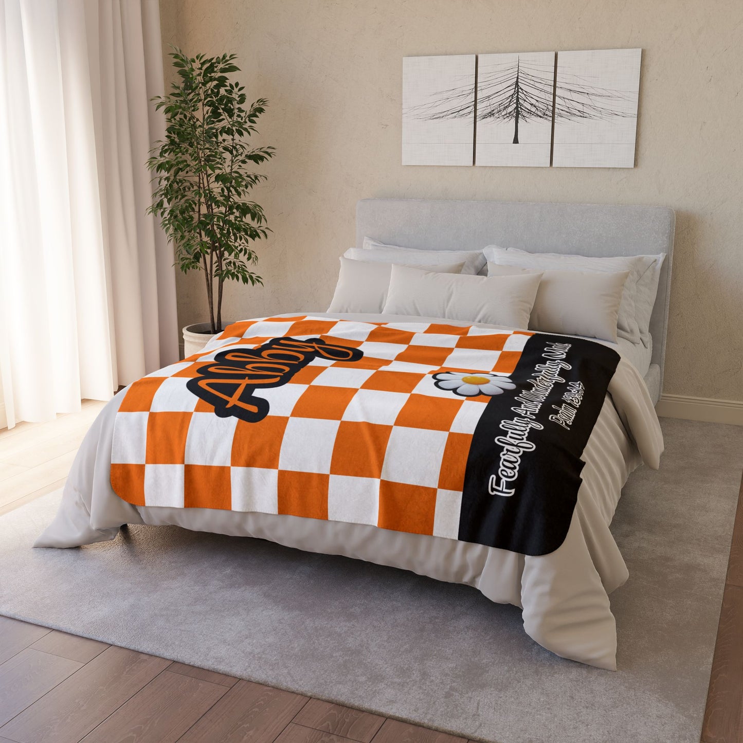 Personalized Wonderfully Made Sherpa Blanket - White and Orange Checker