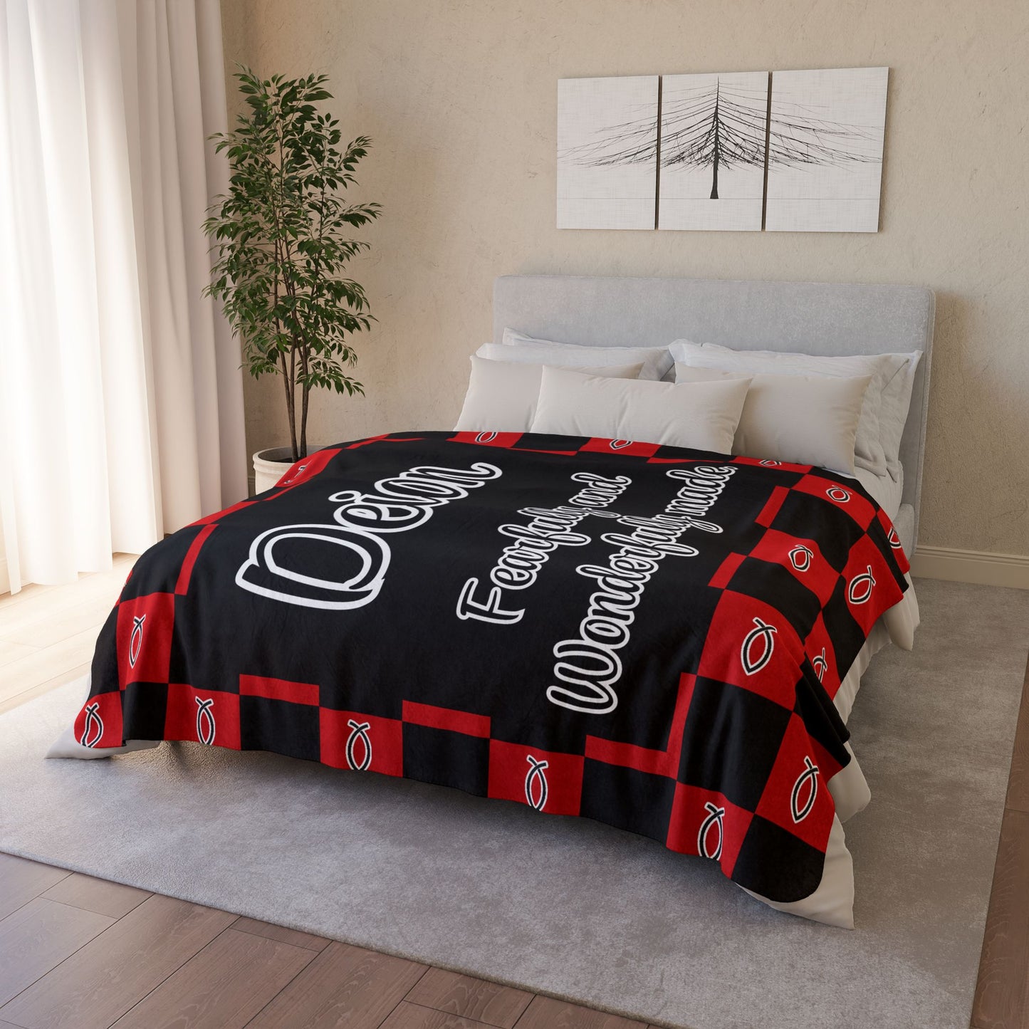 Personalized Wonderfully Made Sherpa Blanket - Red Black Checker