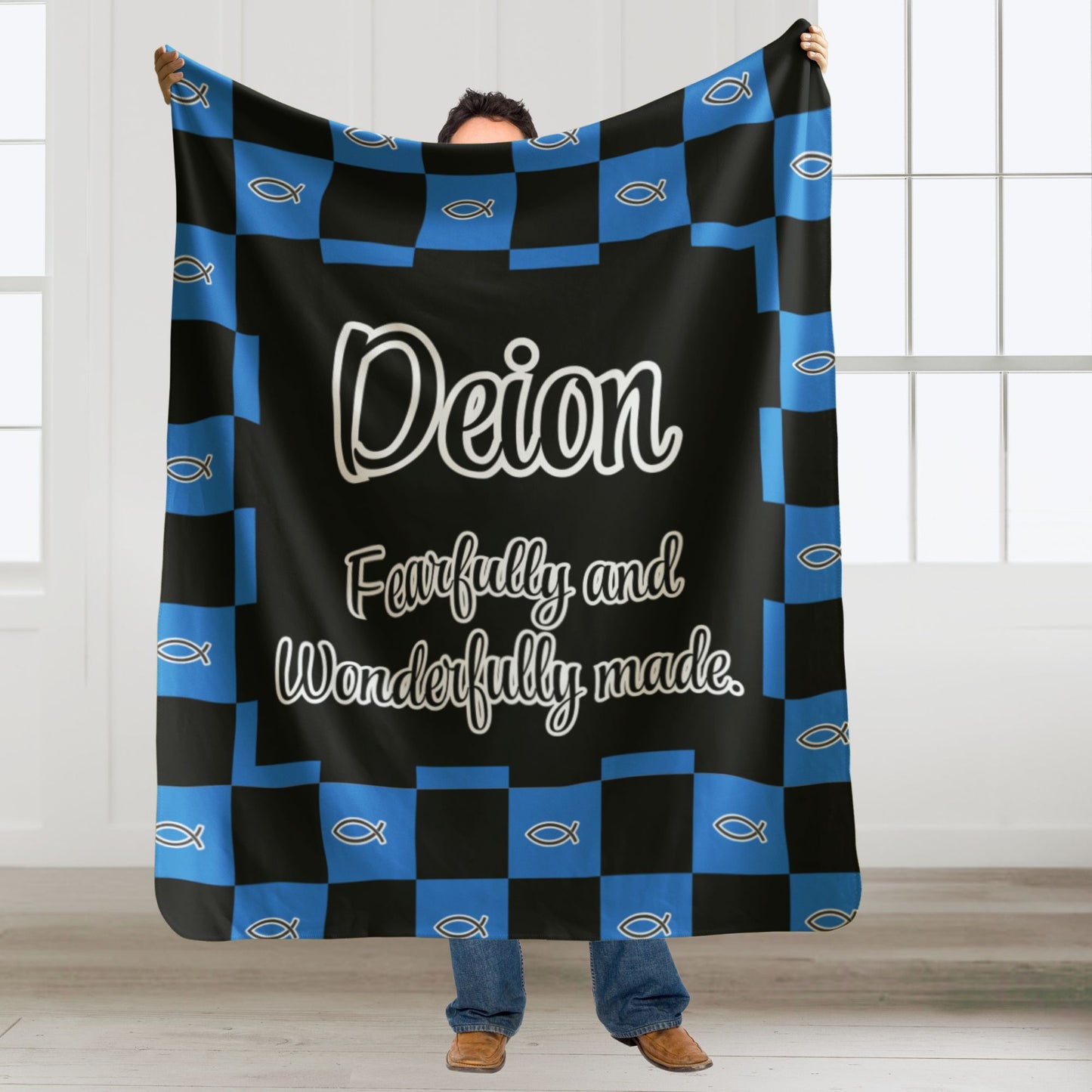 Personalized Wonderfully Made Sherpa Blanket -Black and Blue