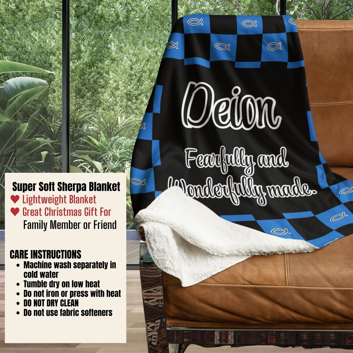 Personalized Wonderfully Made Sherpa Blanket -Black and Blue