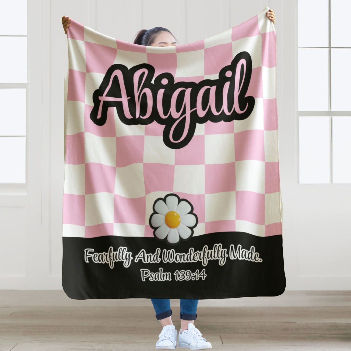 Personalized Wonderfully Made Sherpa Blanket - White and Pink Checker