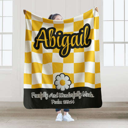 Personalized Wonderfully Made Sherpa Blanket - White and Yellow Checker