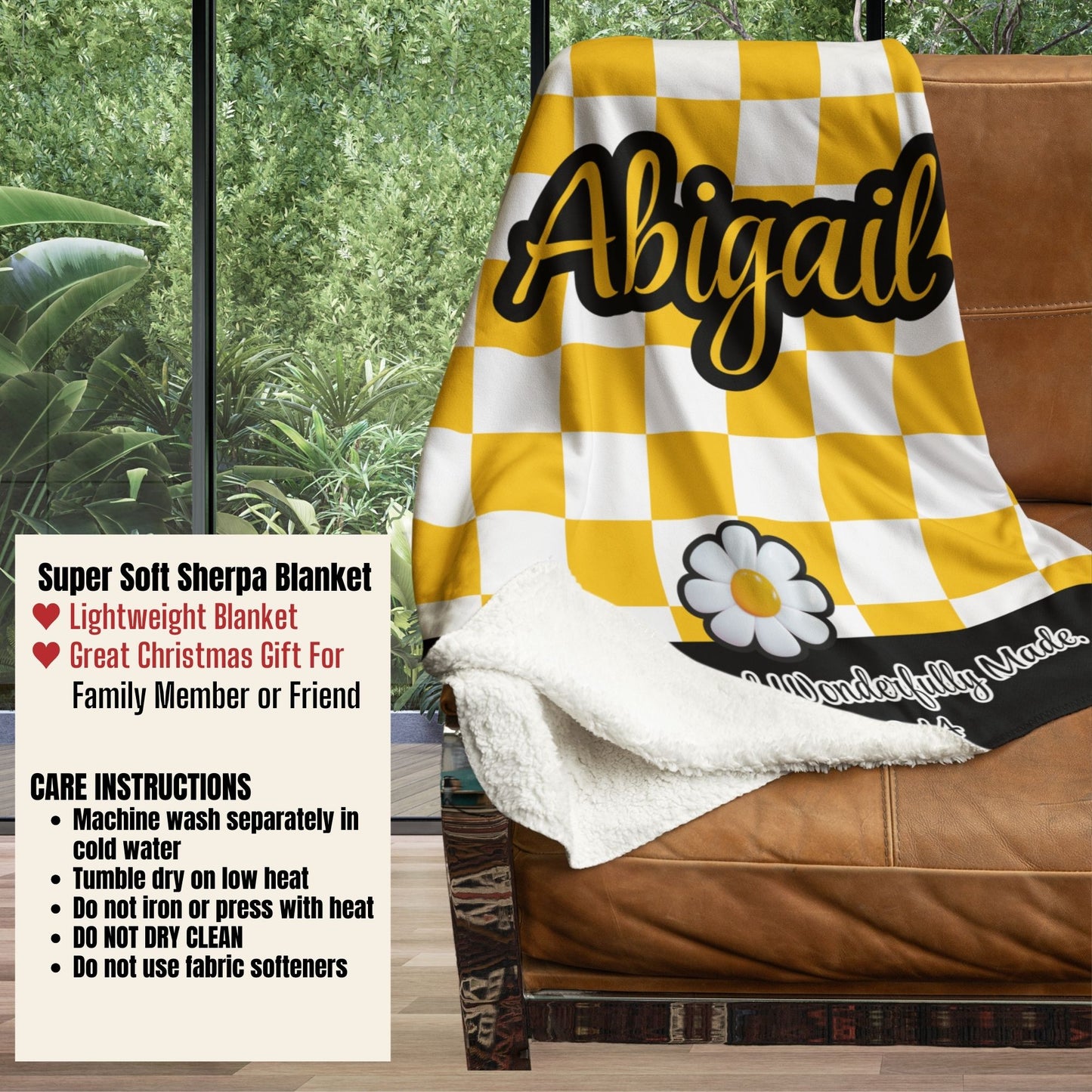 Personalized Wonderfully Made Sherpa Blanket - White and Yellow Checker