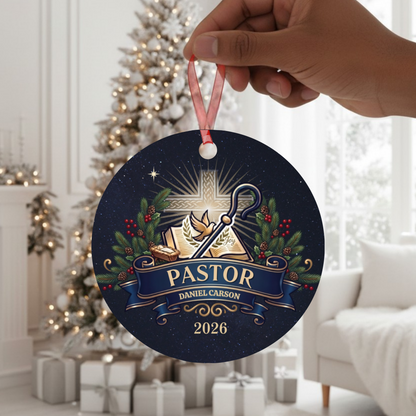Pastor and Pastor's Wife Personalized Ornament With Christian Christmas Elements