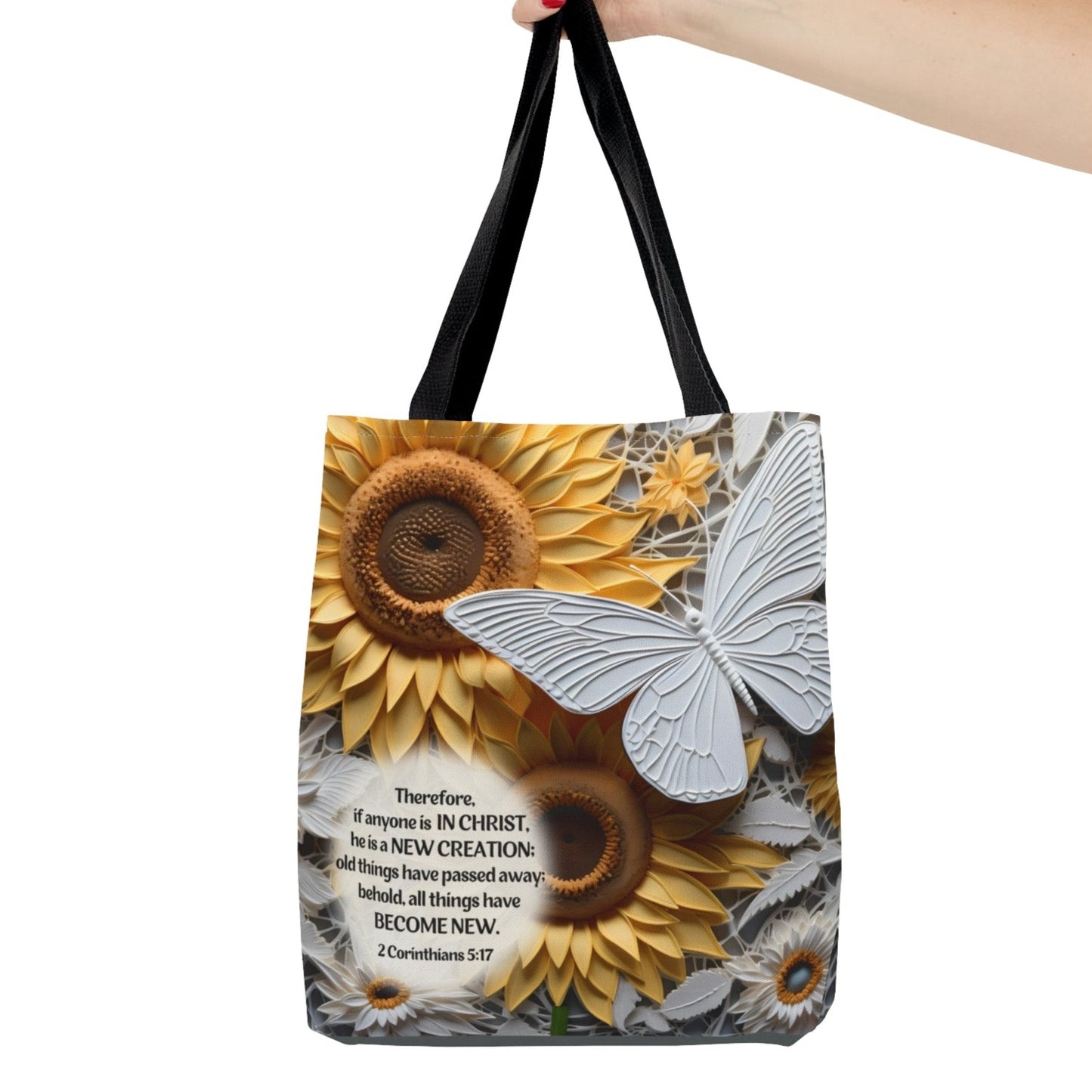 Bible Verse Tote Bag - 3D Butterfly and Sunflowers