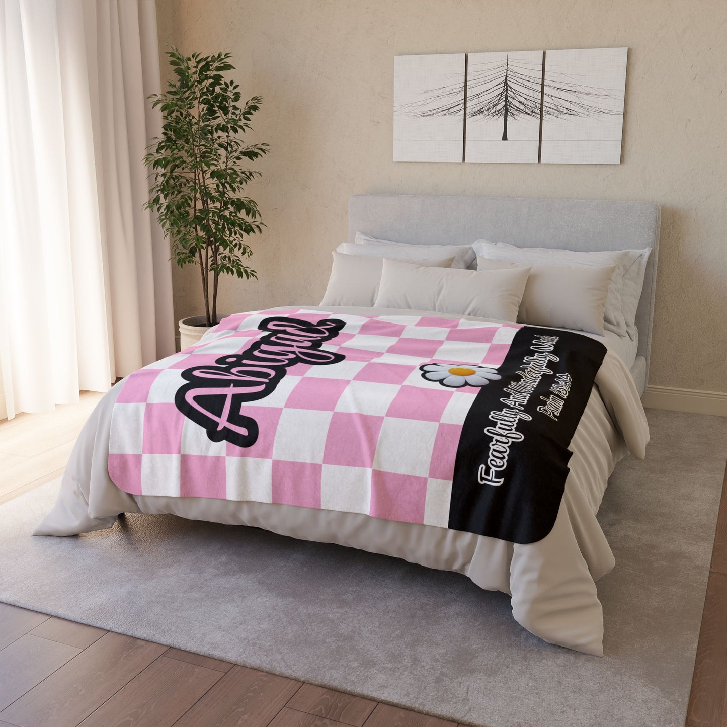 Personalized Wonderfully Made Sherpa Blanket - White and Pink Checker