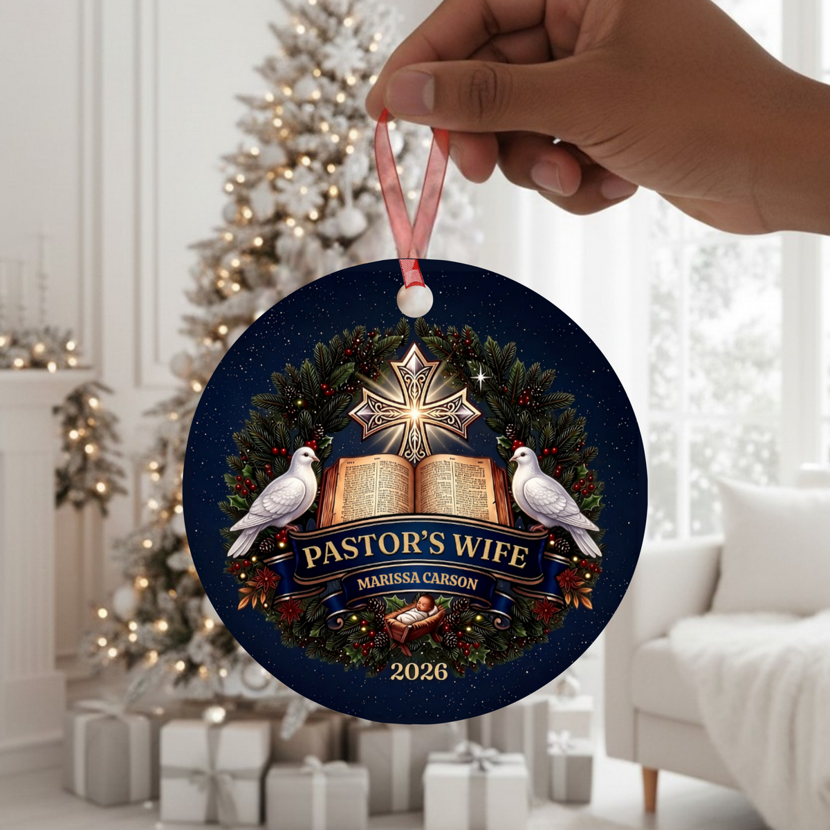 Pastor and Pastor's Wife Personalized Ornament With Christian Christmas Elements