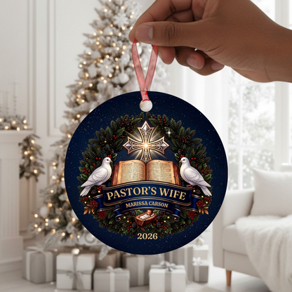 Pastor and Pastor's Wife Personalized Ornament With Christian Christmas Elements