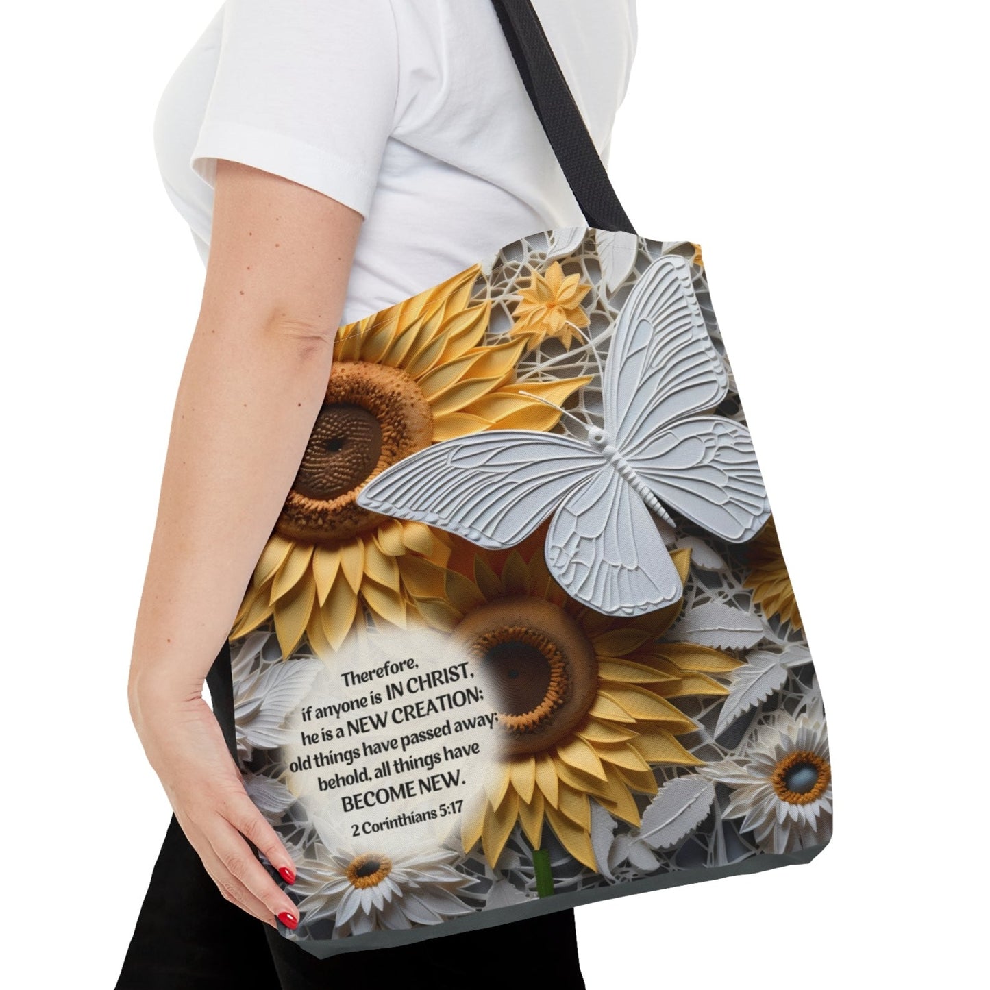 Bible Verse Tote Bag - 3D Butterfly and Sunflowers