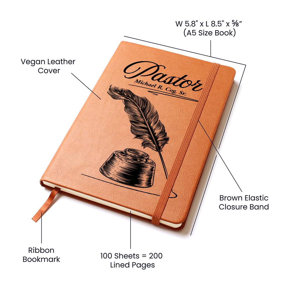 Vegan leather journal with feather and inkwell design on the cover. Features of the journal are labeled. Journal is on a white background. Personalization available for the pastor's name.
