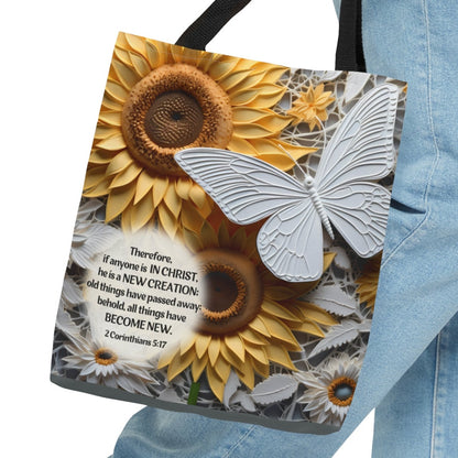 Bible Verse Tote Bag - 3D Butterfly and Sunflowers