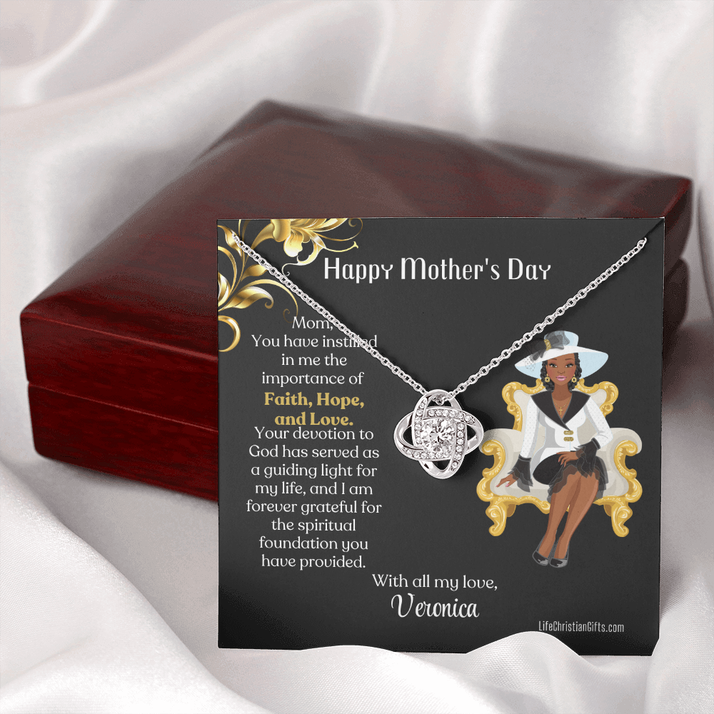 Personalized African American Mother's Day Card - Love Knot Necklace - Faith Hope Love