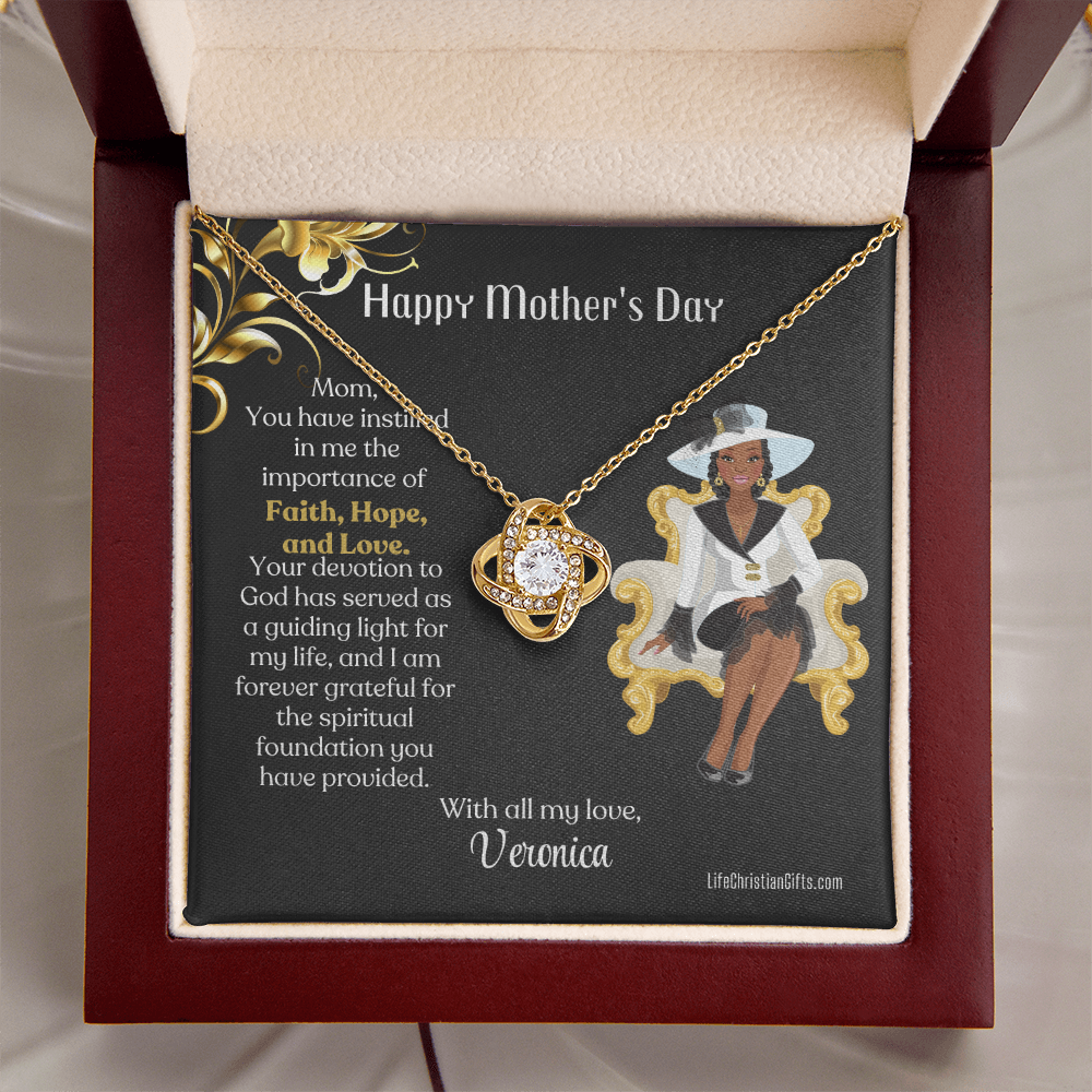 Personalized African American Mother's Day Card - Love Knot Necklace - Faith Hope Love