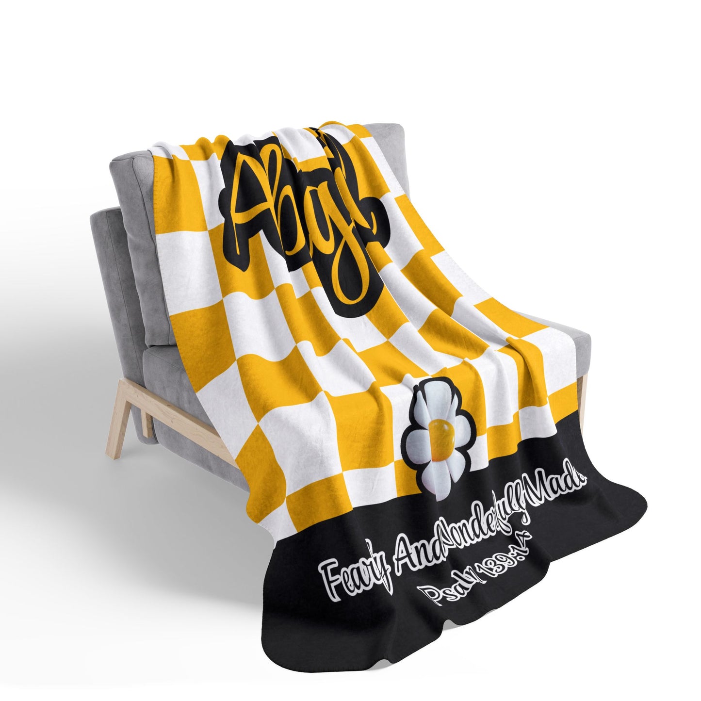 Personalized Wonderfully Made Sherpa Blanket - White and Yellow Checker