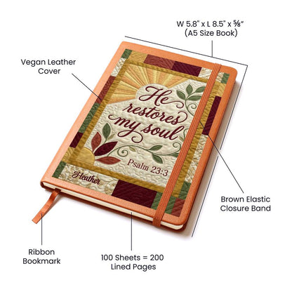 Christian Journal – "He Restores My Soul" Psalm 23:3 – Quilted Faux Cover