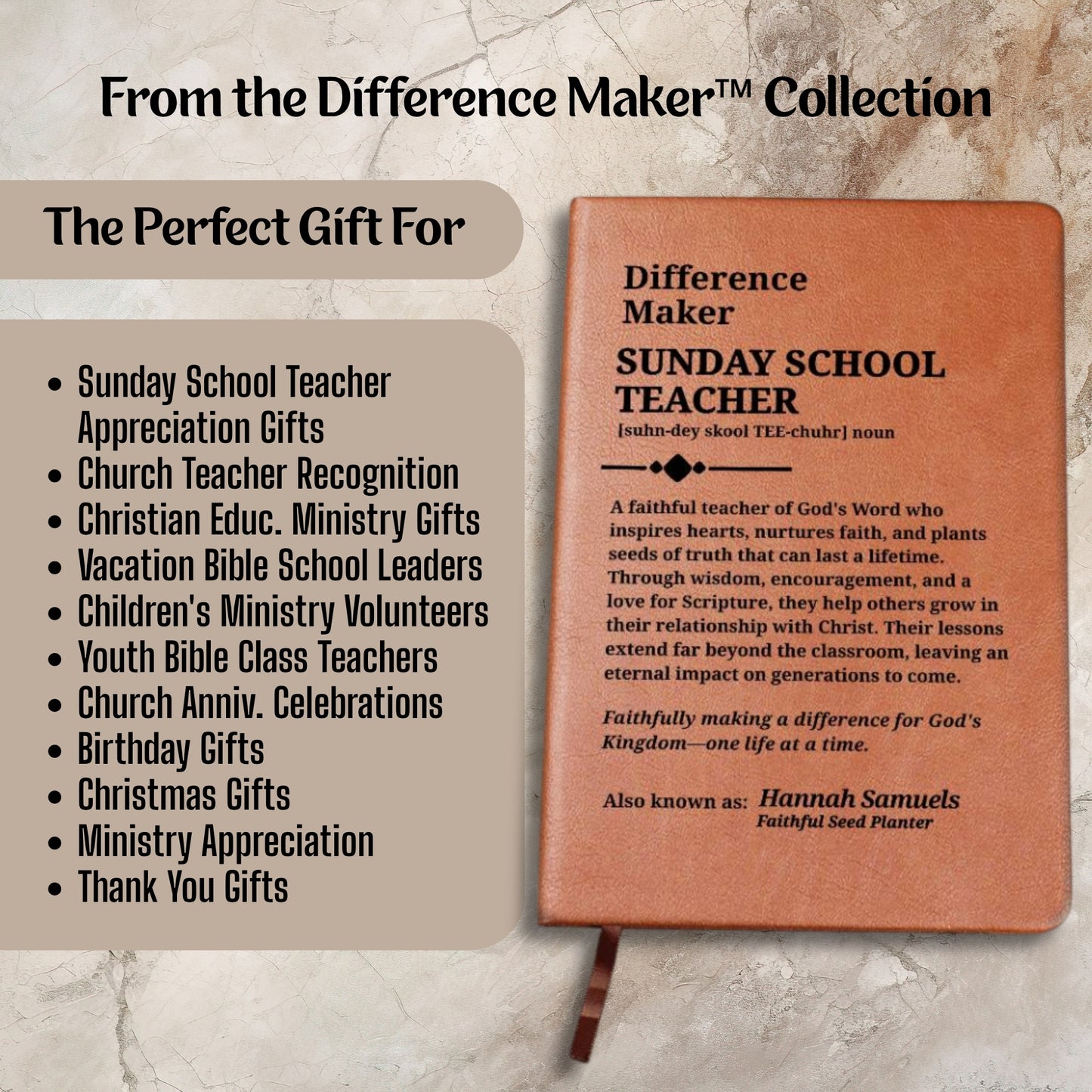 Difference Maker - Sunday School Teacher Personalized Vegan Leather Journal For Bible Study or Prayer Notebook