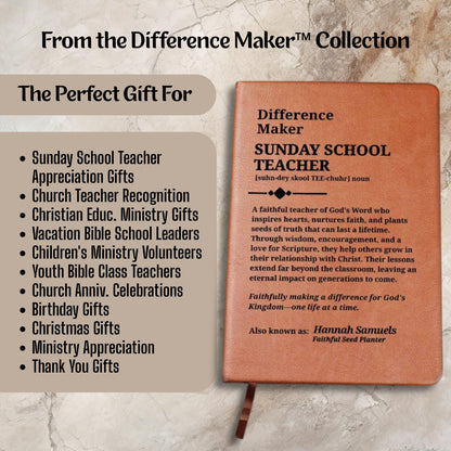 Difference Maker - Sunday School Teacher Personalized Vegan Leather Journal For Bible Study or Prayer Notebook