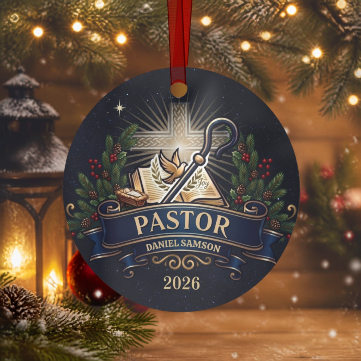 Pastor and Pastor's Wife Personalized Ornament With Christian Christmas Elements
