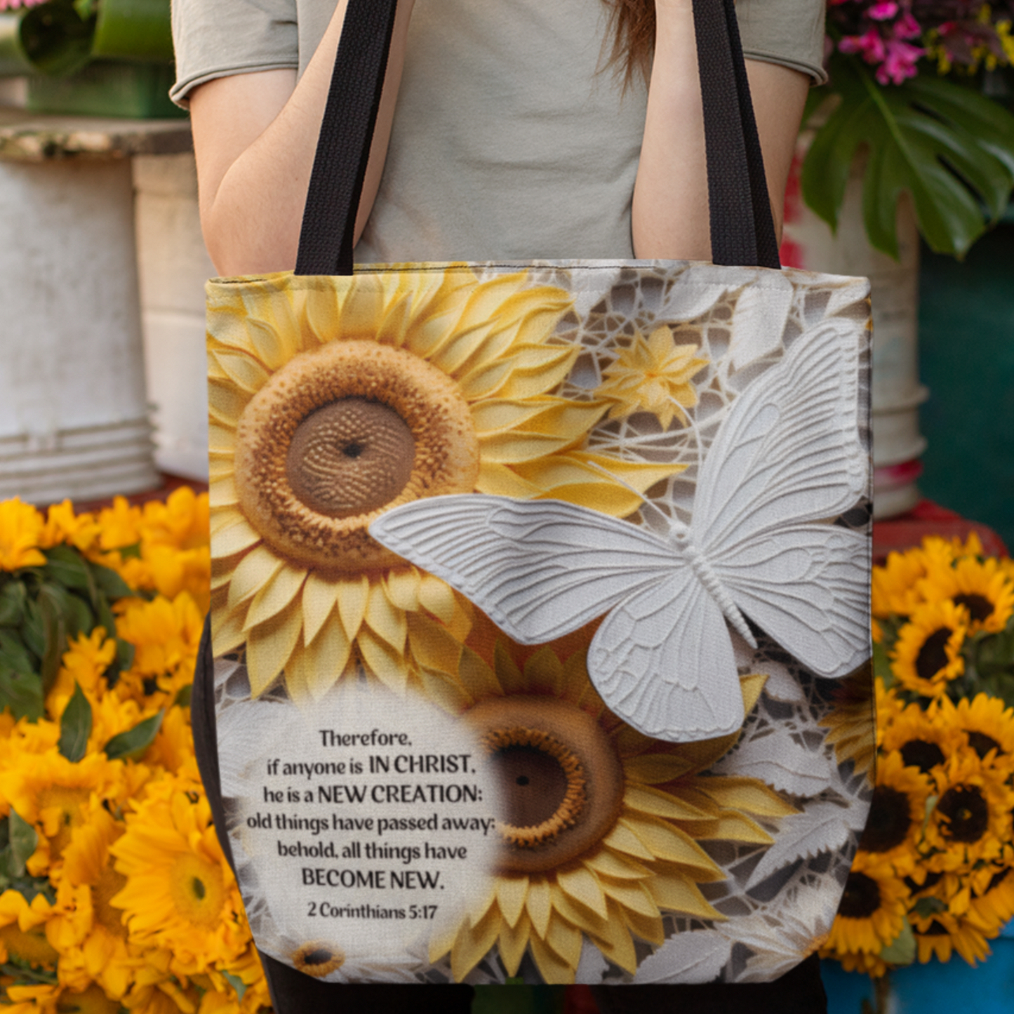 Bible Verse Tote Bag - 3D Butterfly and Sunflowers