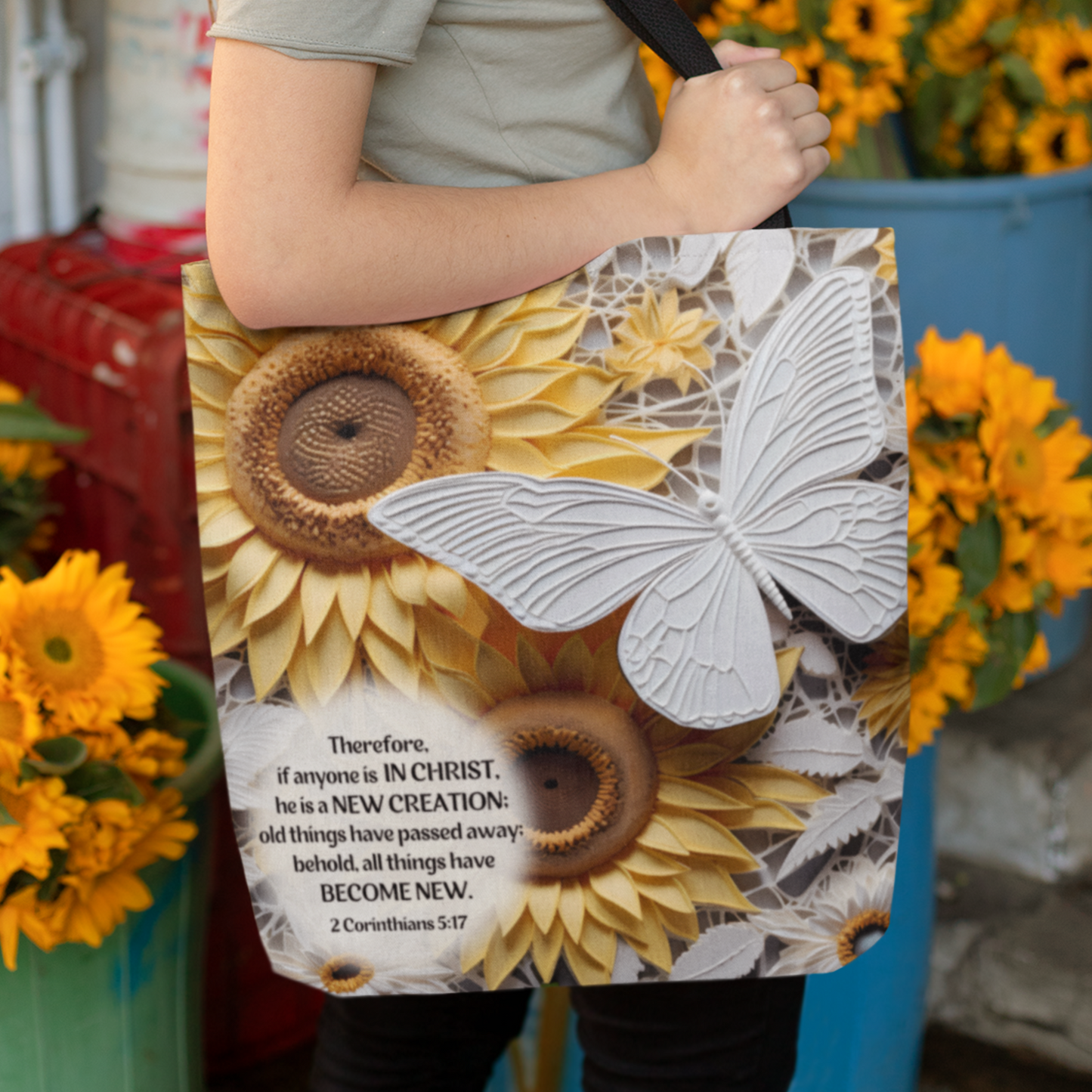 Bible Verse Tote Bag - 3D Butterfly and Sunflowers