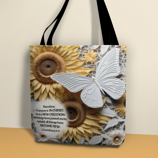 Bible Verse Tote Bag - 3D Butterfly and Sunflowers