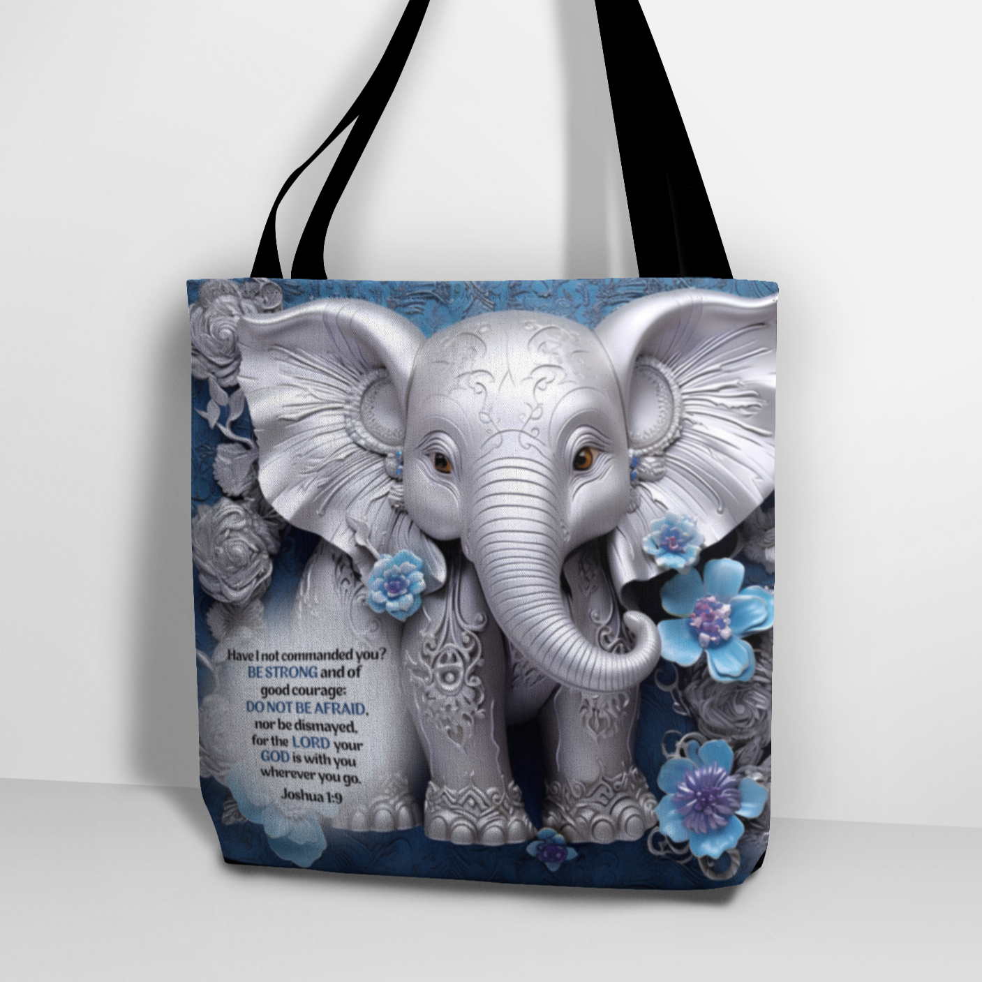 3D Elephant Tote Bag With Bible Verse Joshua 1:9