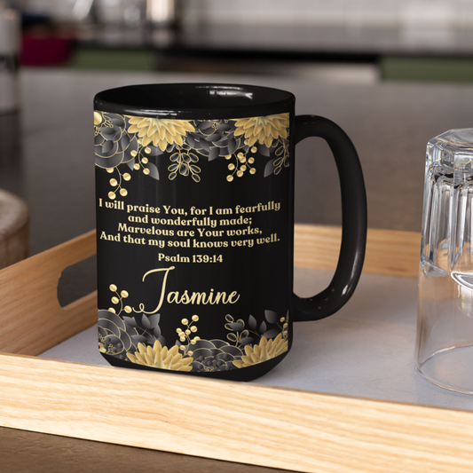 Personalized Fearfully and Wonderfully Made Mug - Gold and Black