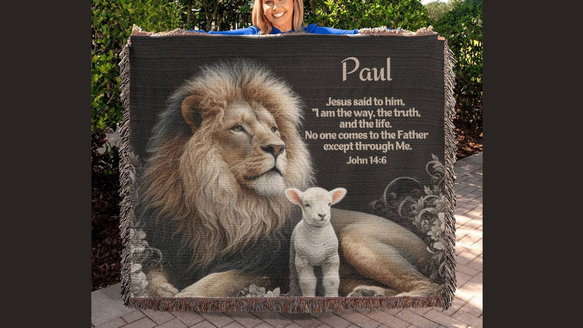 Bible Verse Personalized Woven Throw with a lion and lamb and Bible verse John 14:6.