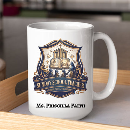 A white ceramic coffee mug with a custom 'Sunday School Teacher' crest graphic and the printed name 'Ms. Priscilla Faith', displayed on a wooden tray in a kitchen setting.