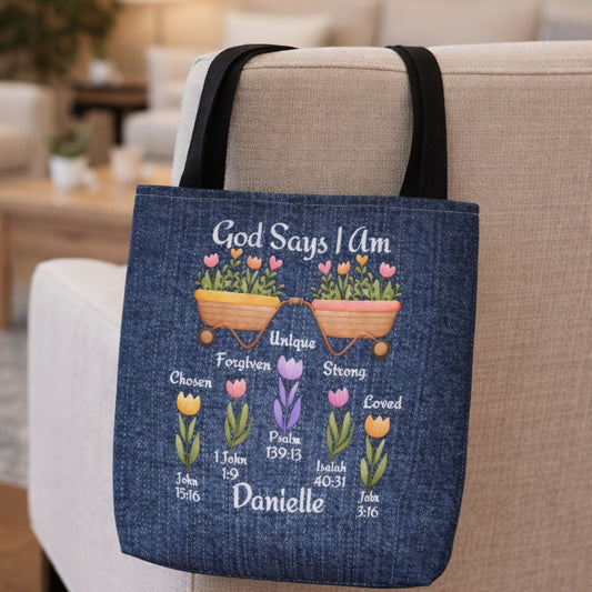 Personalized Christian Tote Bag - God Says I Am Bible Verse Affirmations
