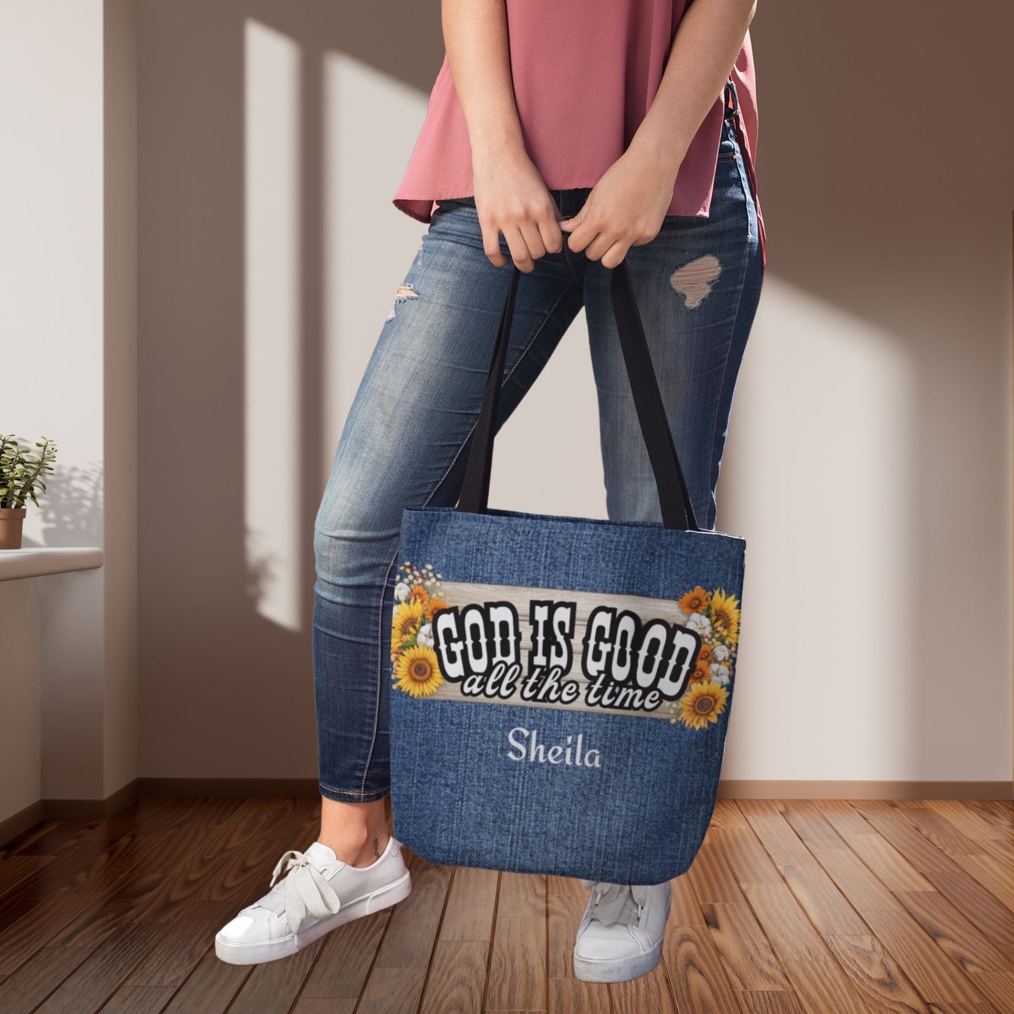 Personalized God Is Good Mock Denim Tote Bag
